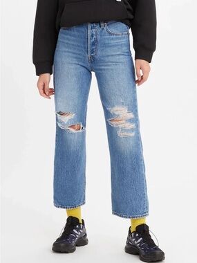 Levi's Ribcage Straight High-Rise Straight-Leg Ripped Jeans - Light Blue